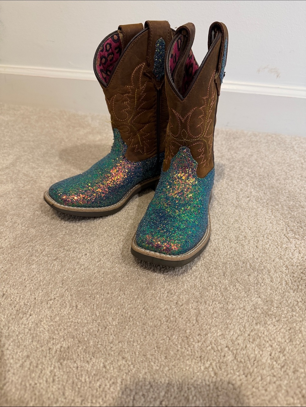 Kids Glitter Cowboy Boots - Brown & Turquoise Multicolor